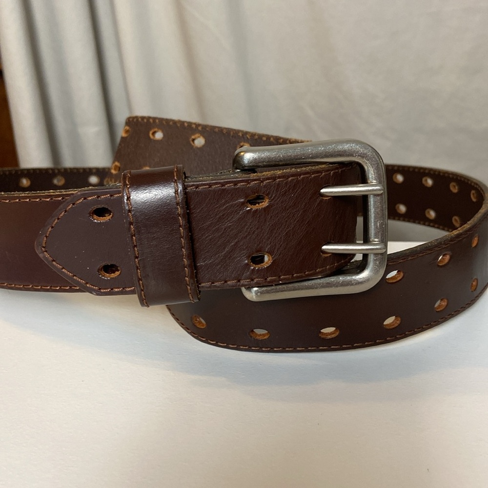 Men’s Genuine Leather Belt 46 48 2XL Brown Two Prongs Adjustable Silver Causal